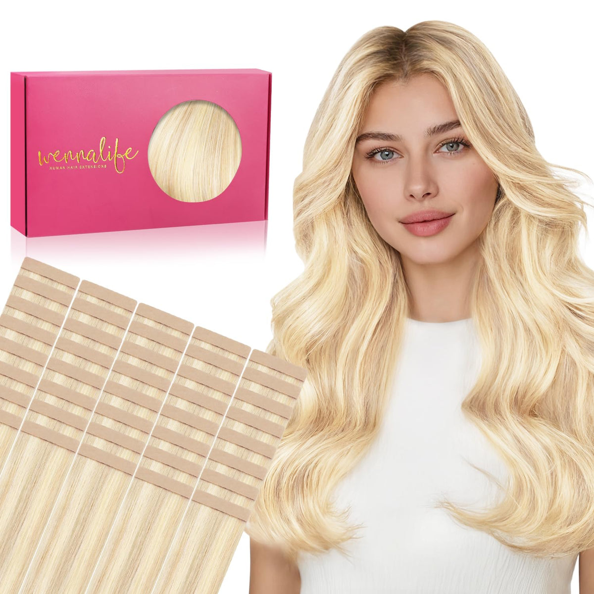 Extensions de cheveux tape-in Wennalife 10 pouces blond platine, vue de face