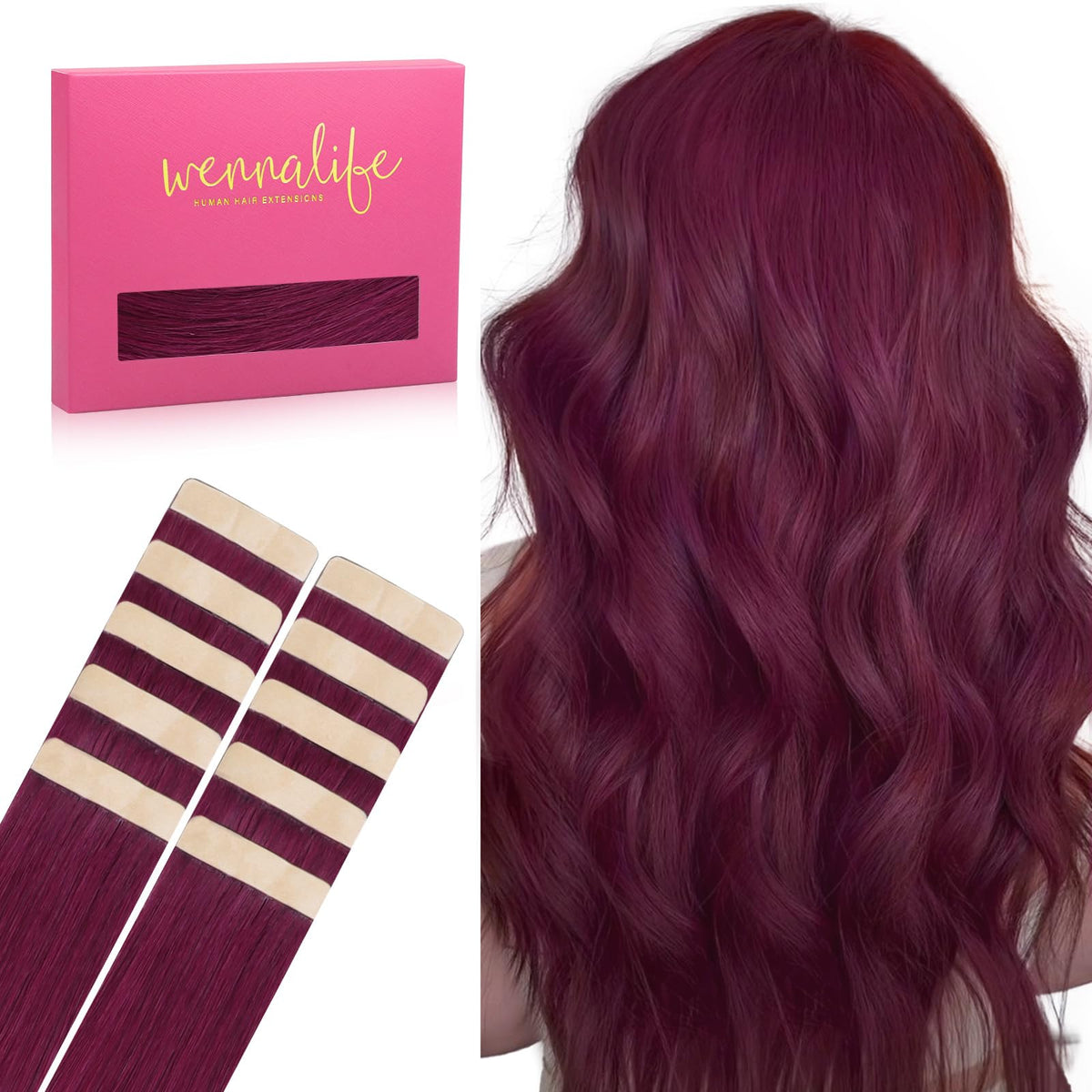 Extensions de cheveux tape in Wennalife bordeaux clair, vue de face