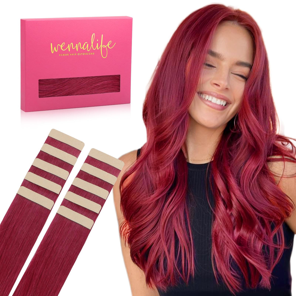 Extensions de cheveux tape in Wennalife rouge bourgogne, vue de face
