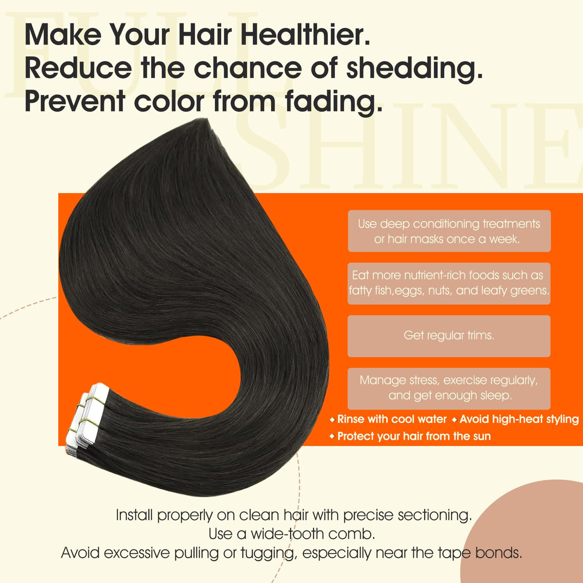 Extensions de cheveux tissées Full Shine montrant la texture soyeuse