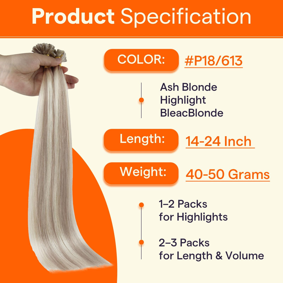 Extensions de cheveux U Tip en blond cendré sur un mannequin