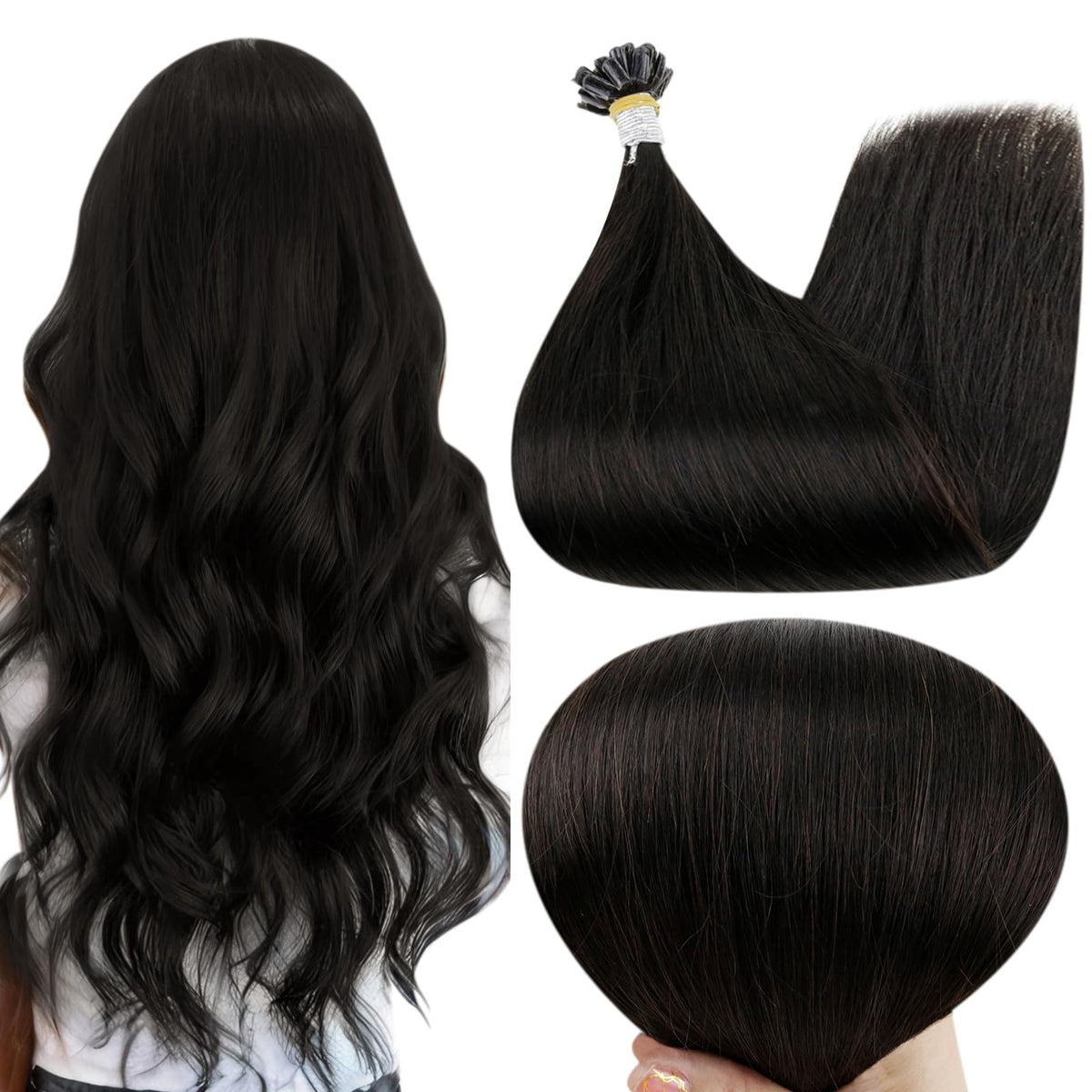 Extensions de cheveux U Tip Full Shine 18 pouces couleur noir naturel vue de face