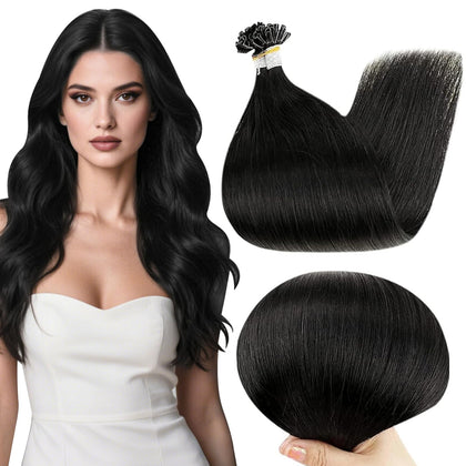 Extensions de cheveux U Tip Full Shine couleur noir jais, 18 pouces, vue de face