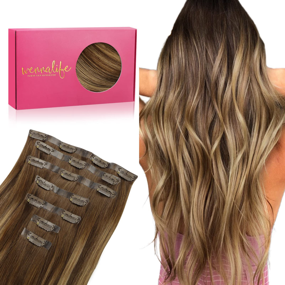 Extensions de cheveux Wennalife 14 pouces couleur Balayage Chocolat à Blond Caramel vue de face