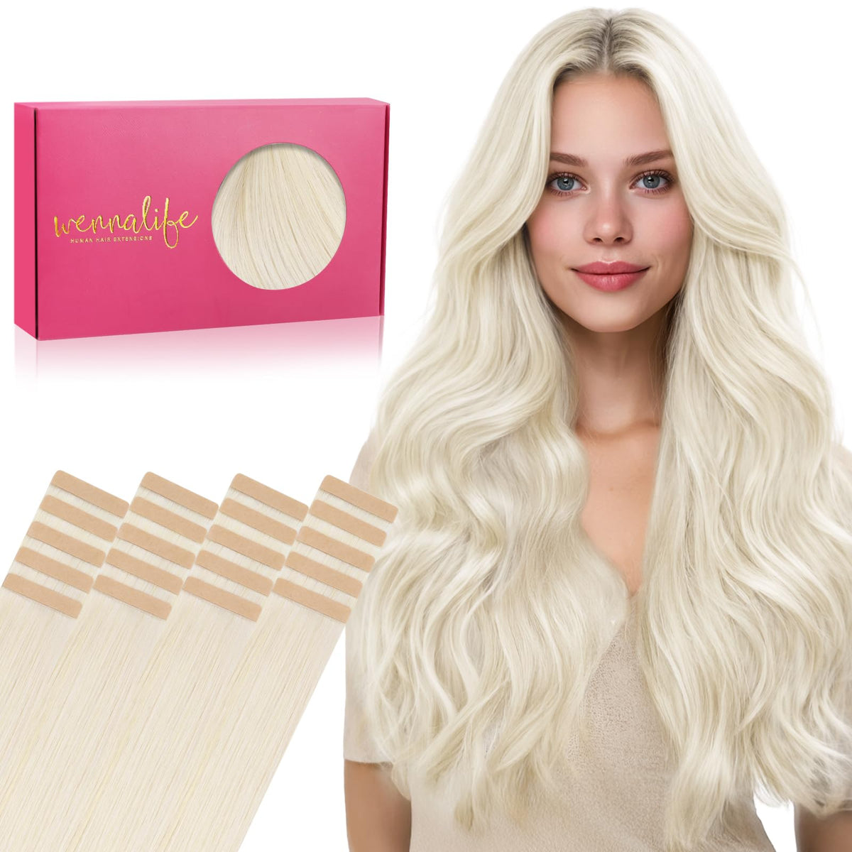 Extensions de cheveux Wennalife 20 pièces 50g 18 pouces blonde blanche vue avant