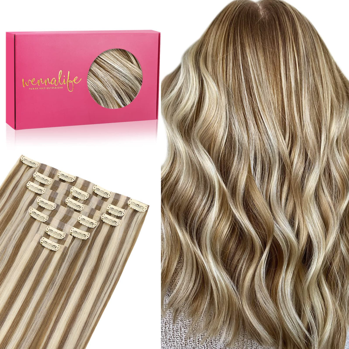 Extensions de cheveux Wennalife 20 pouces châtain clair avec mèches blond doré