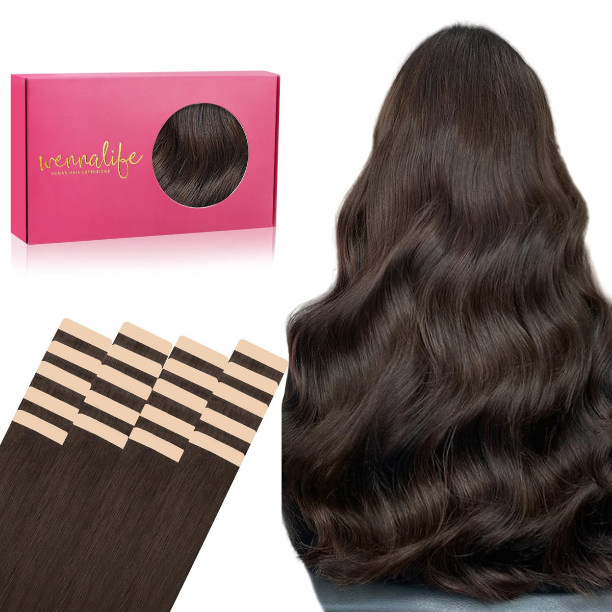 Extensions de cheveux Wennalife 20pcs châtain clair foncé, présentation frontale