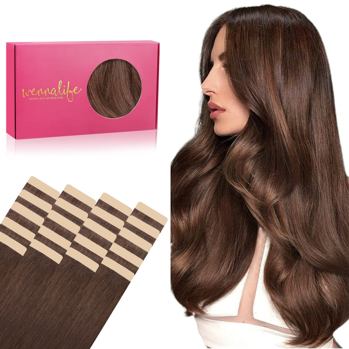 Extensions de cheveux Wennalife 20pcs chocolat 12 pouces vue de face
