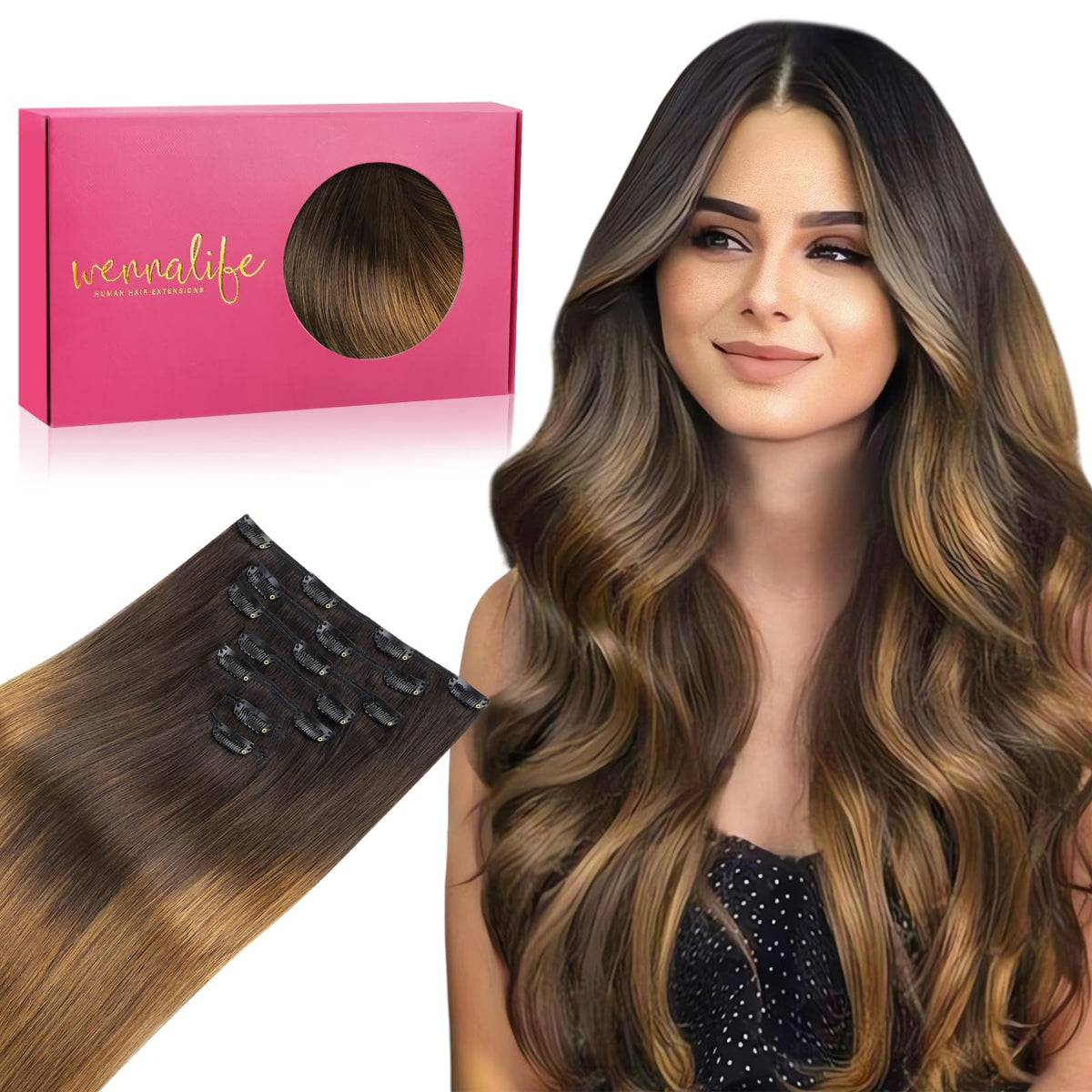 Extensions de cheveux Wennalife 22 pouces ombre brun foncé à châtaigne vue avant