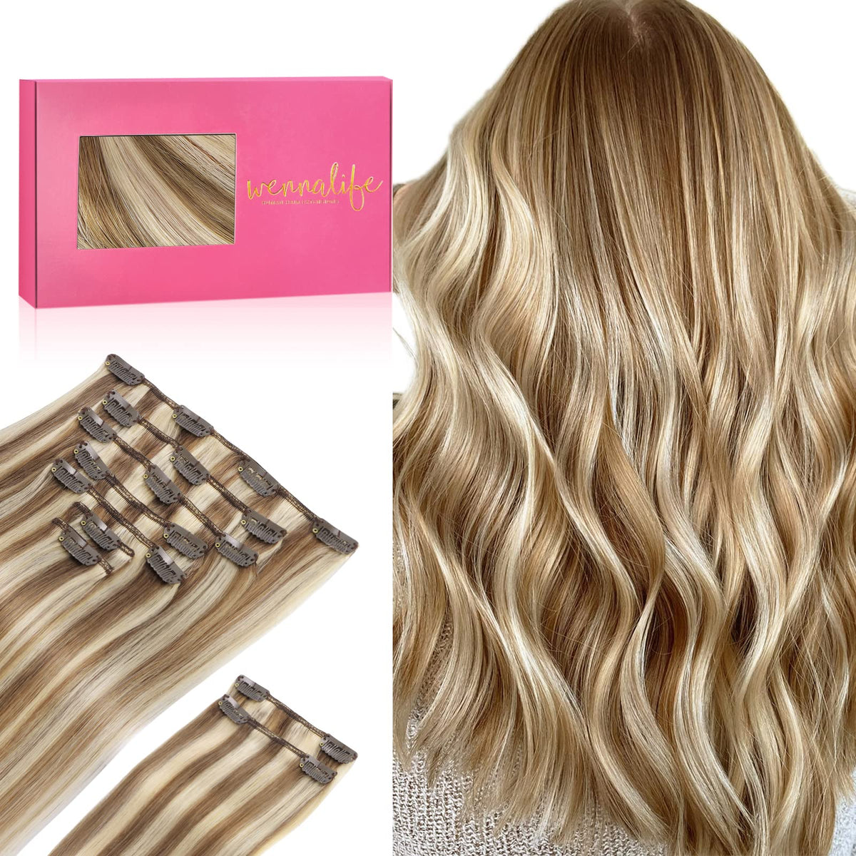 Extensions de cheveux Wennalife 24 pouces châtain cendré avec reflets dorés face