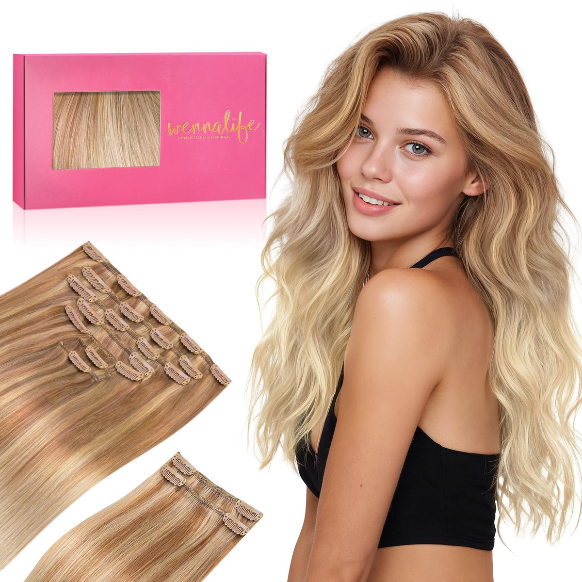 Extensions de cheveux Wennalife 24 pouces couleur blonde cendrée vue de face