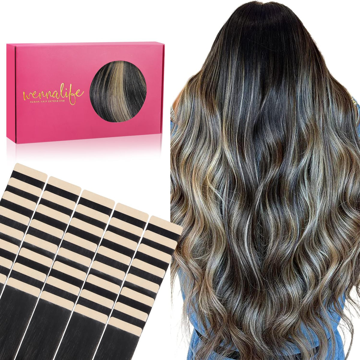 Extensions de cheveux Wennalife 40 pièces 14 pouces balayage noir à blond clair