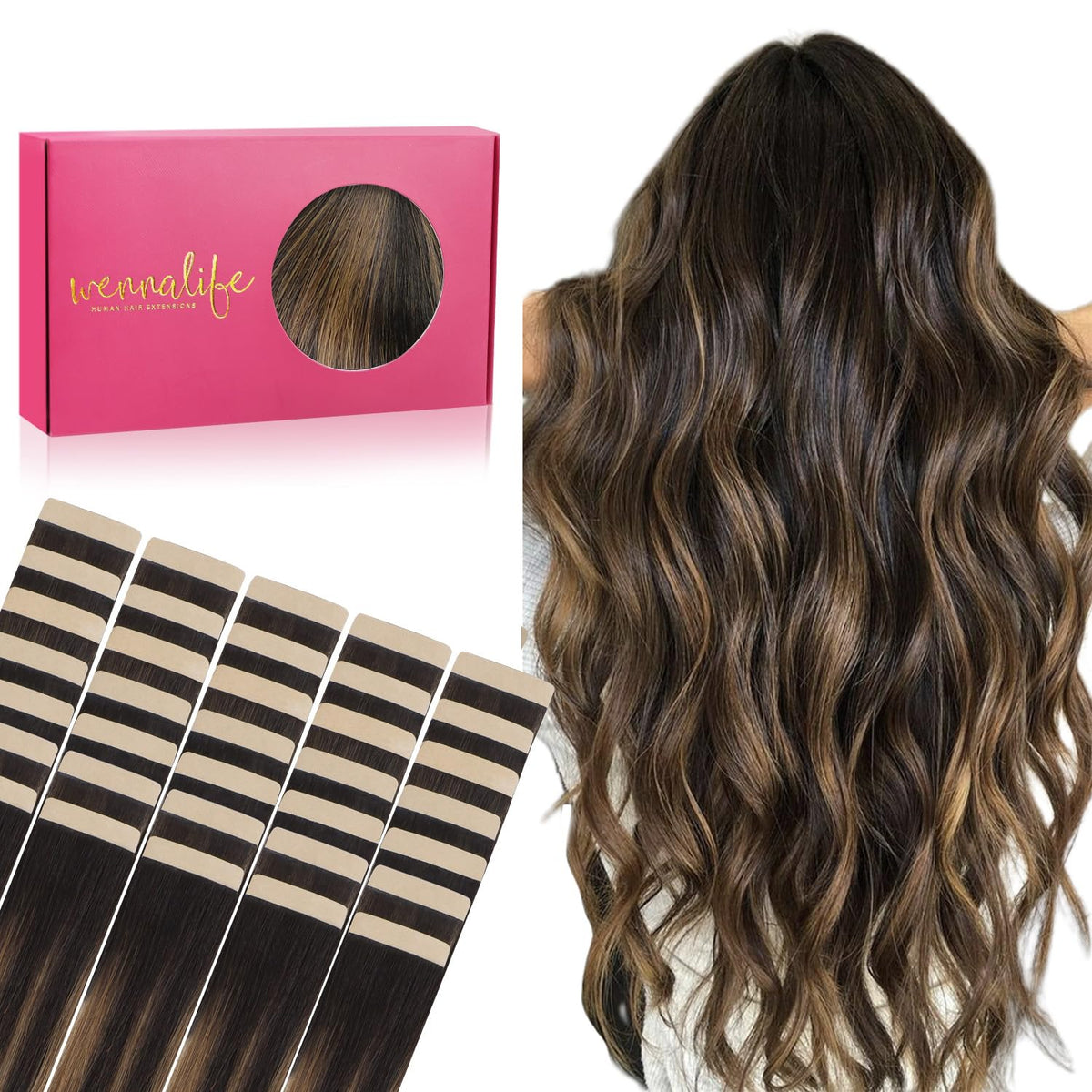 Extensions de cheveux Wennalife 40 pièces 24 pouces balayage noir à châtaigne