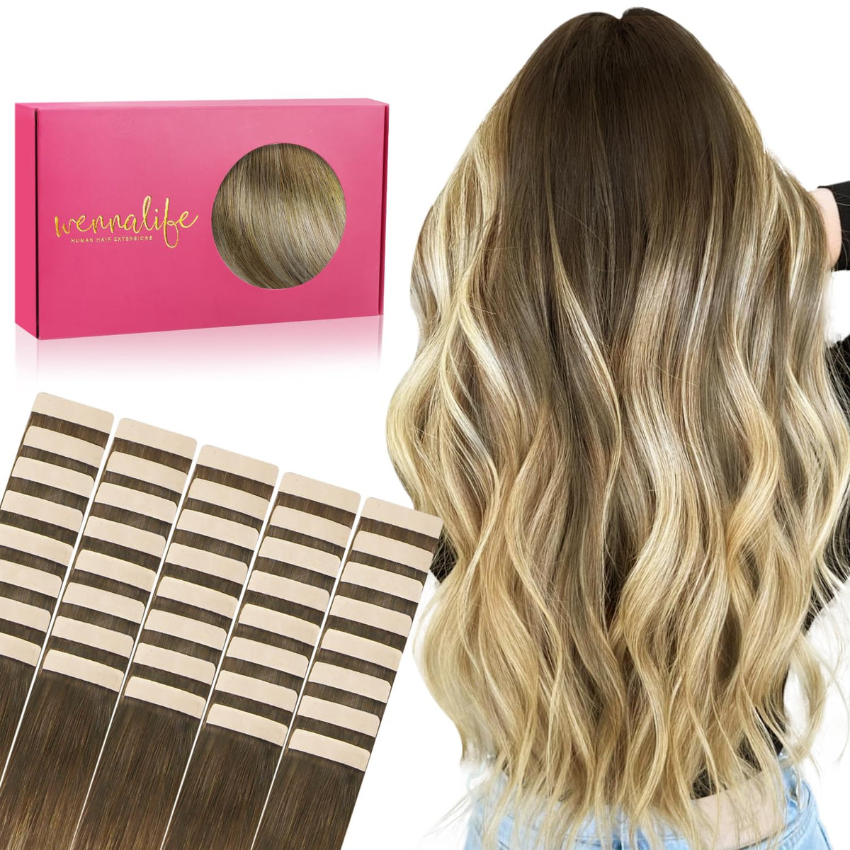 Extensions de cheveux Wennalife 40pcs 100g 20 pouces ombre brun noisette à blond