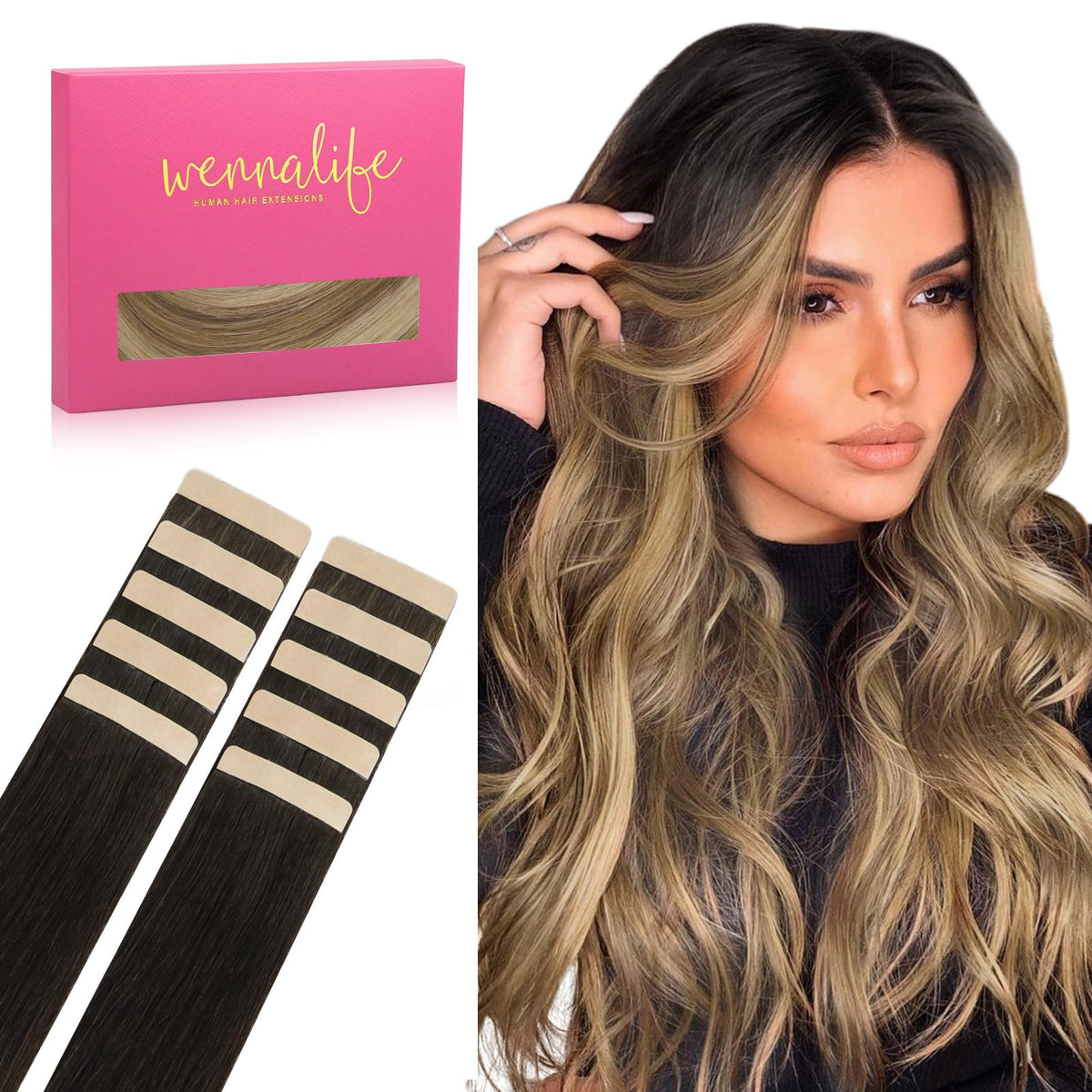 Extensions de cheveux WENNALIFE brunes avec reflets blonds, vue de face