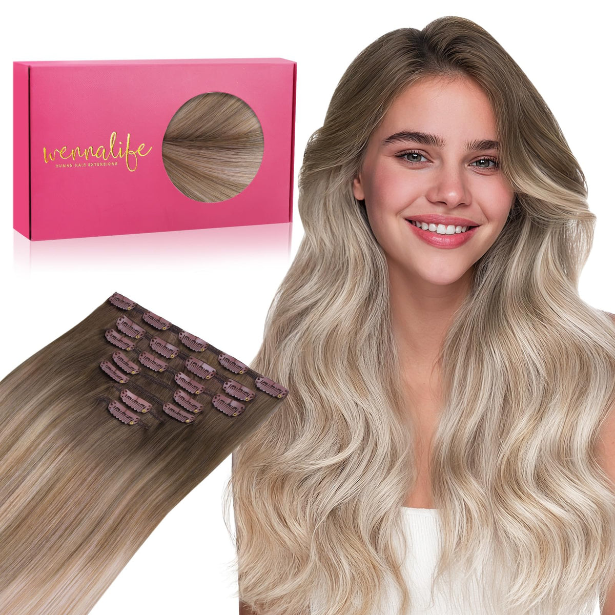 Extensions de cheveux Wennalife clip-in 16 pouces brun sable à blond platine