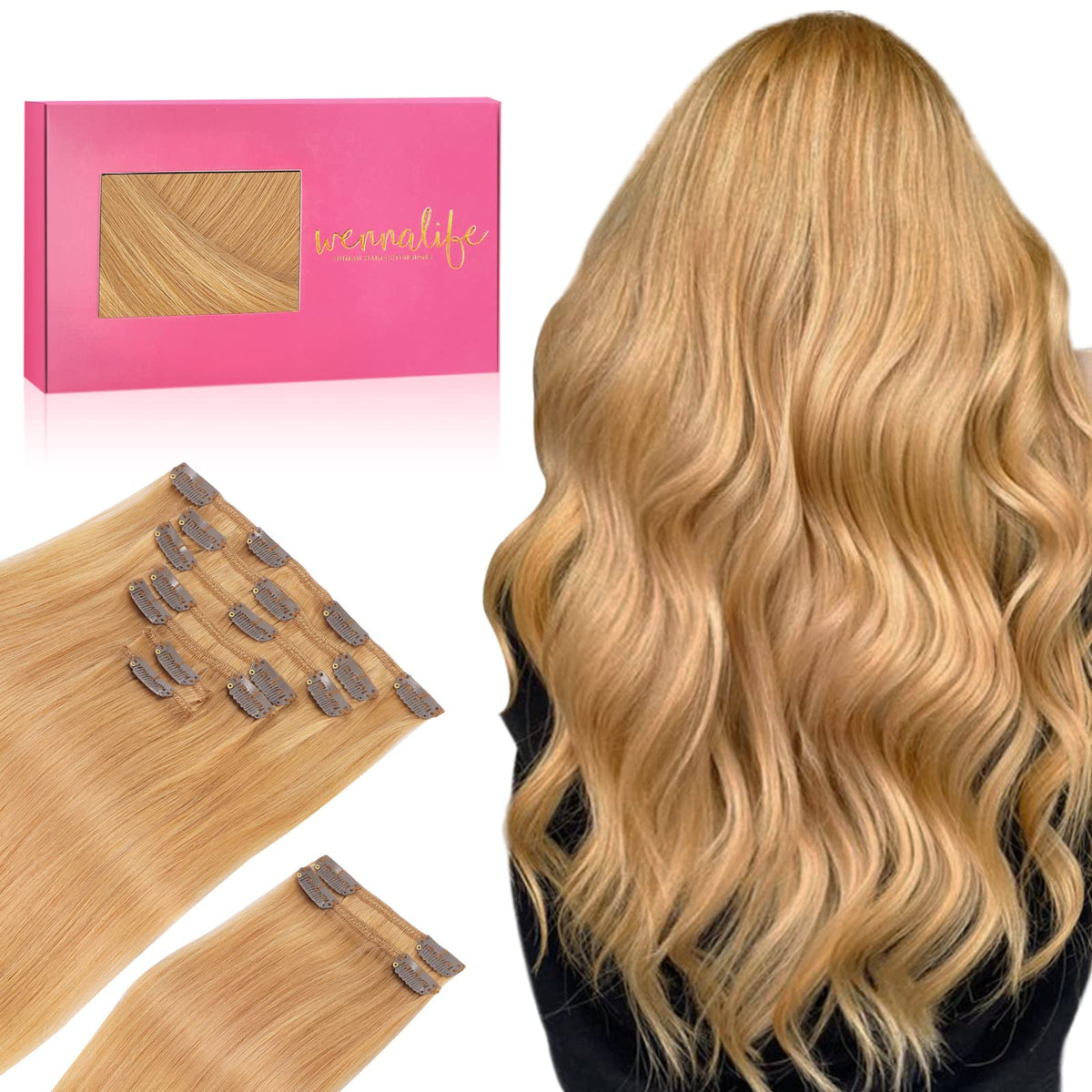 Extensions de cheveux Wennalife clip-in 16 pouces couleur blonde fraise vue de face