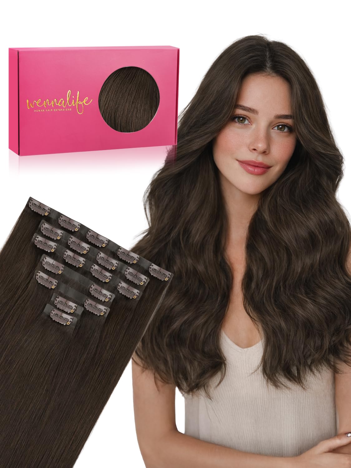 Extensions de cheveux Wennalife clip-in marron clair foncé, vue de face