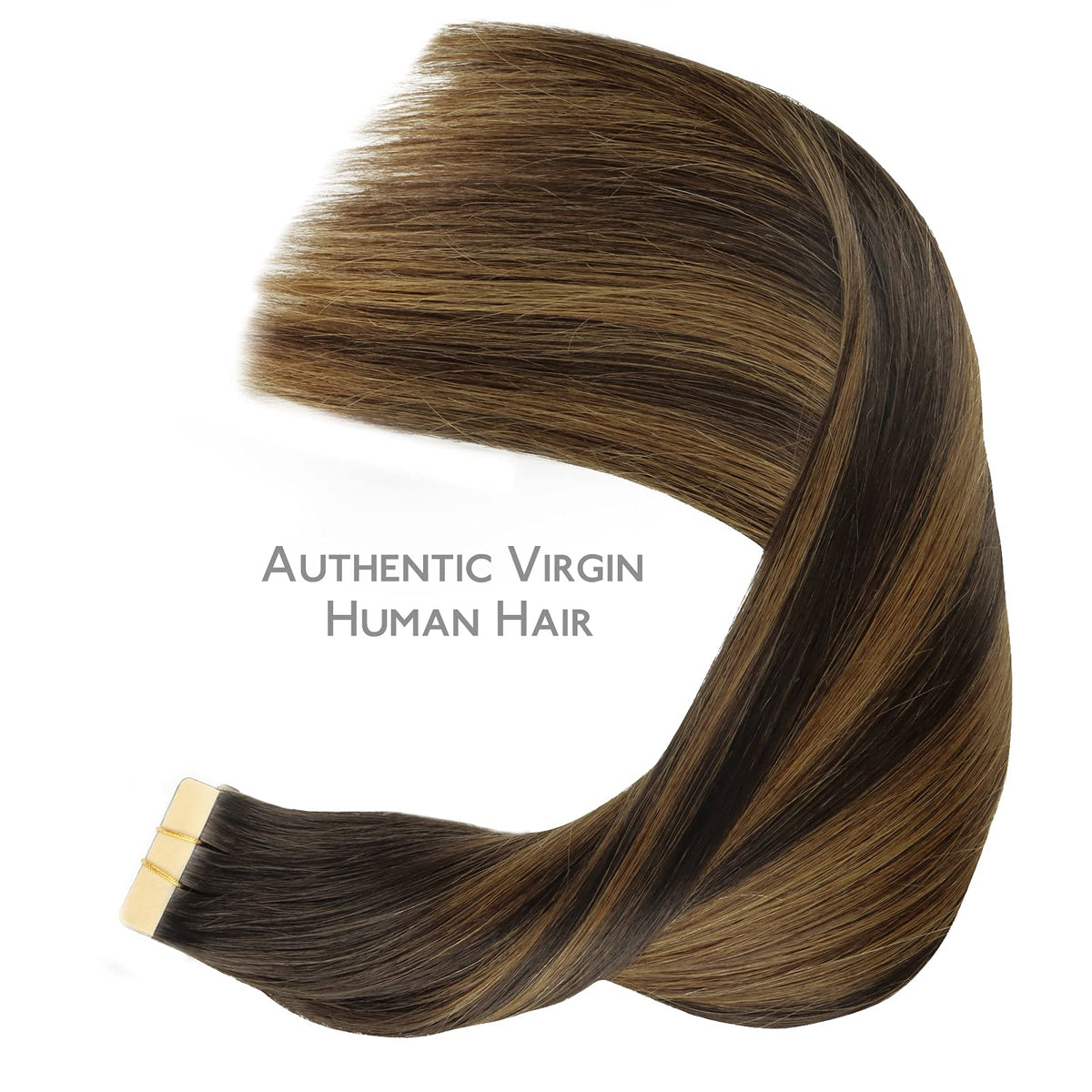 Extensions de cheveux Wennalife en balayage marron foncé, affichées sur un fond neutre