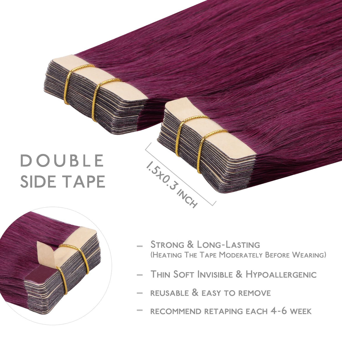 Extensions de cheveux Wennalife en bordeaux clair sur un support
