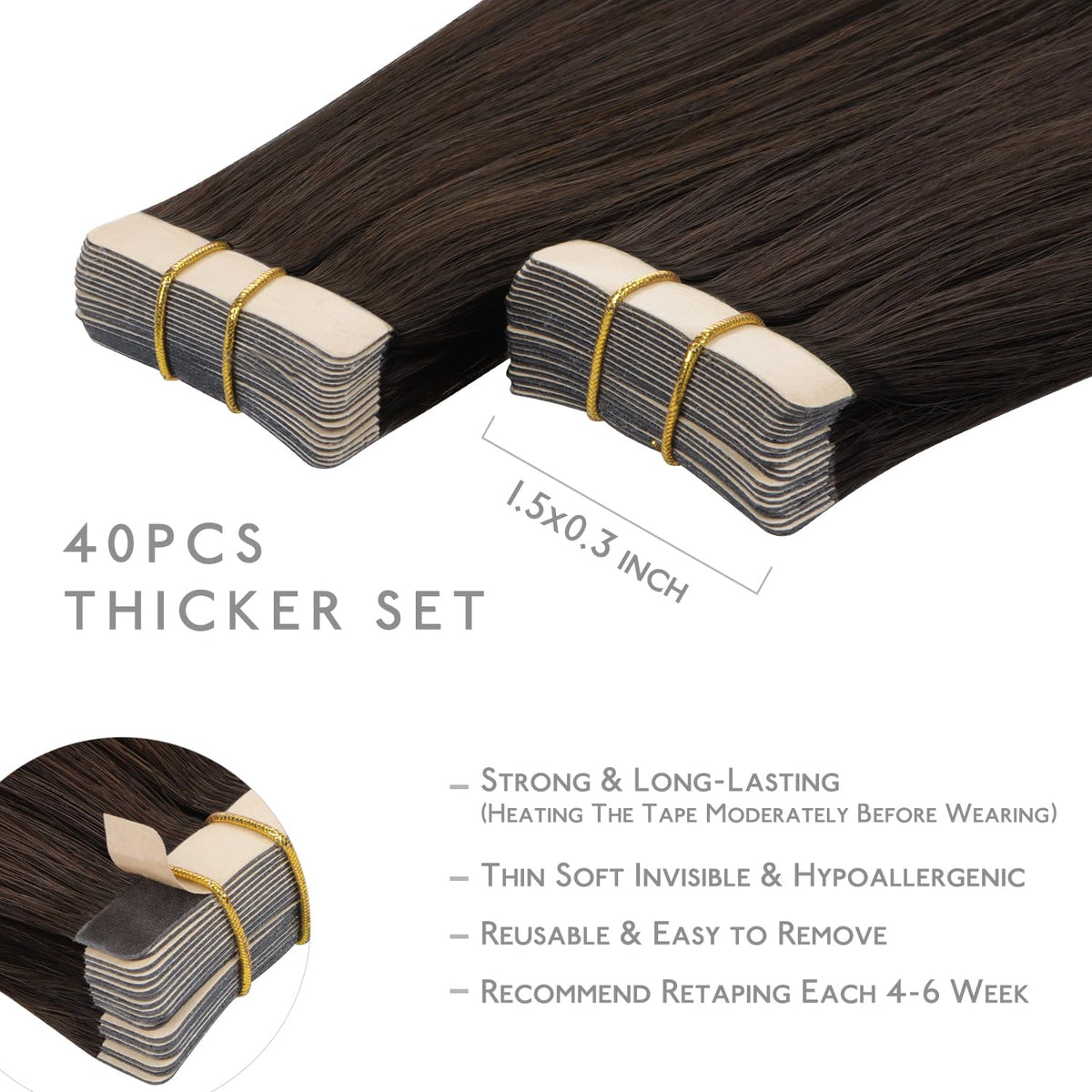 Extensions de cheveux Wennalife montrant la texture et la couleur marron clair foncé