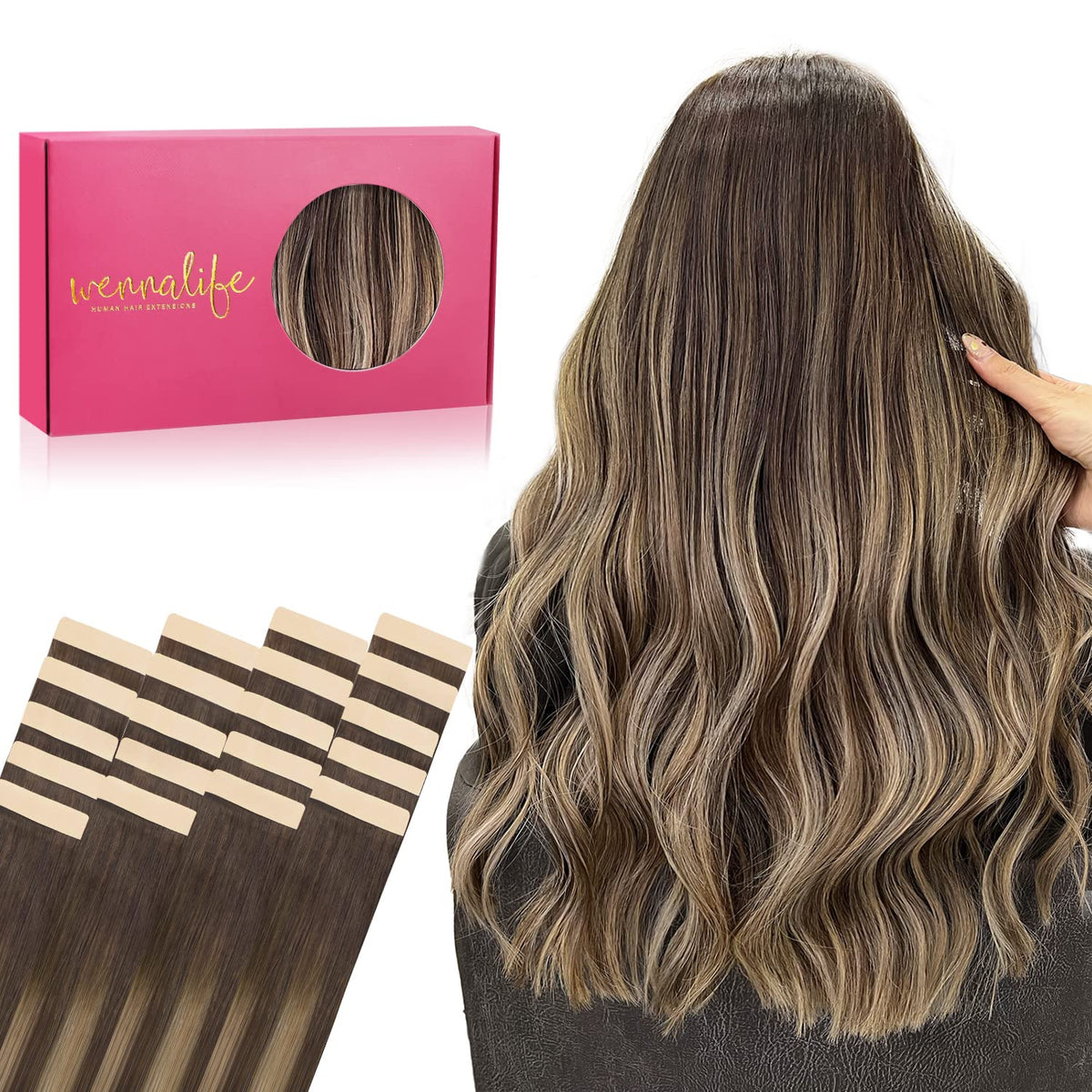 Extensions de cheveux Wennalife tape in 14 pouces Balayage Chocolat à Blond Miel - vue avant