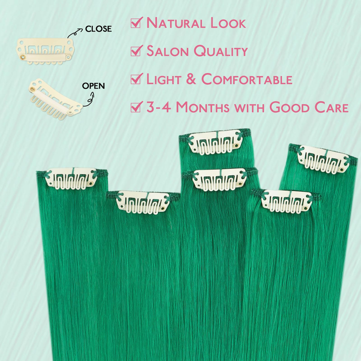Extensions de cheveux Wennalife vert installées sur des cheveux longs