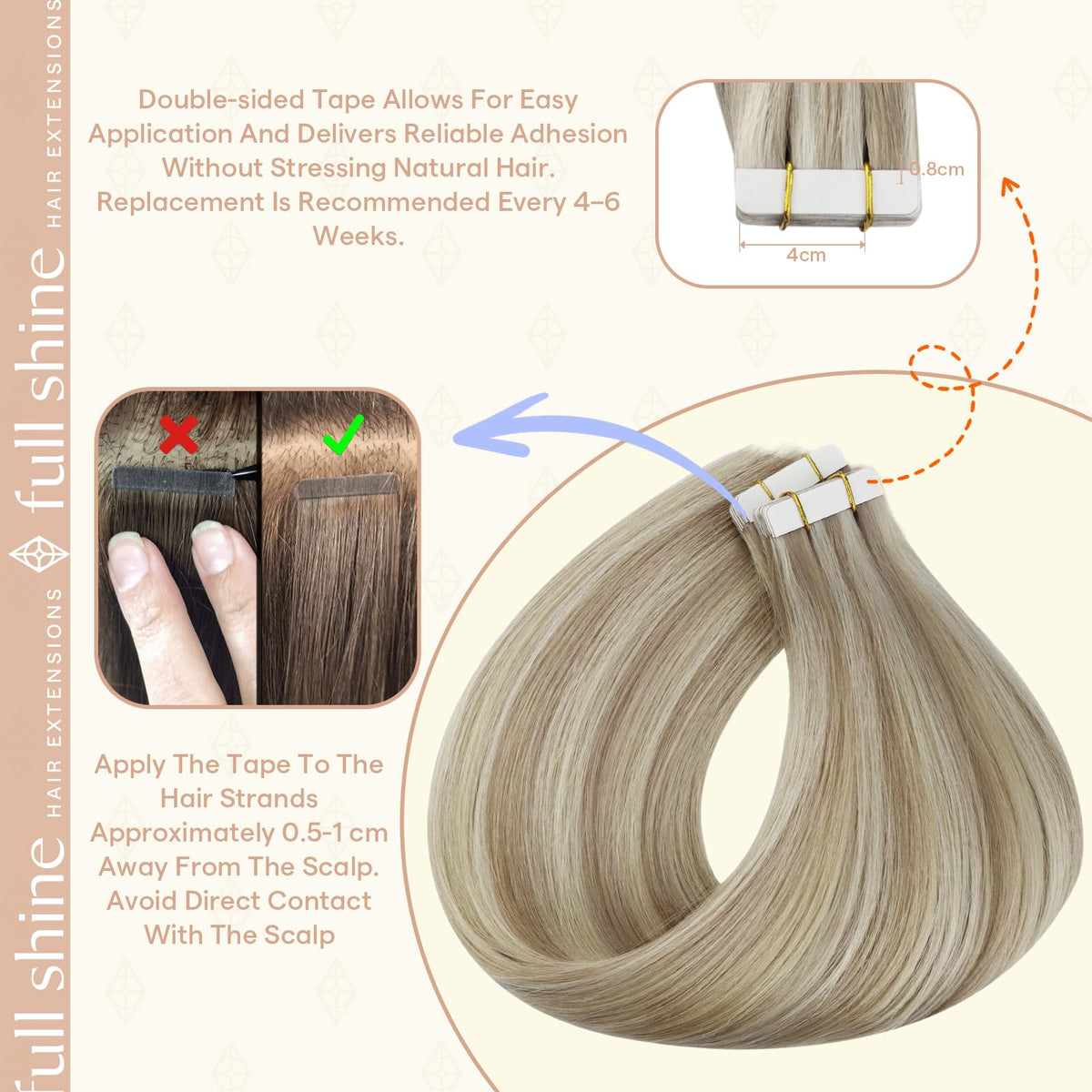 Extensions Fshine à ruban sur un support de présentation.