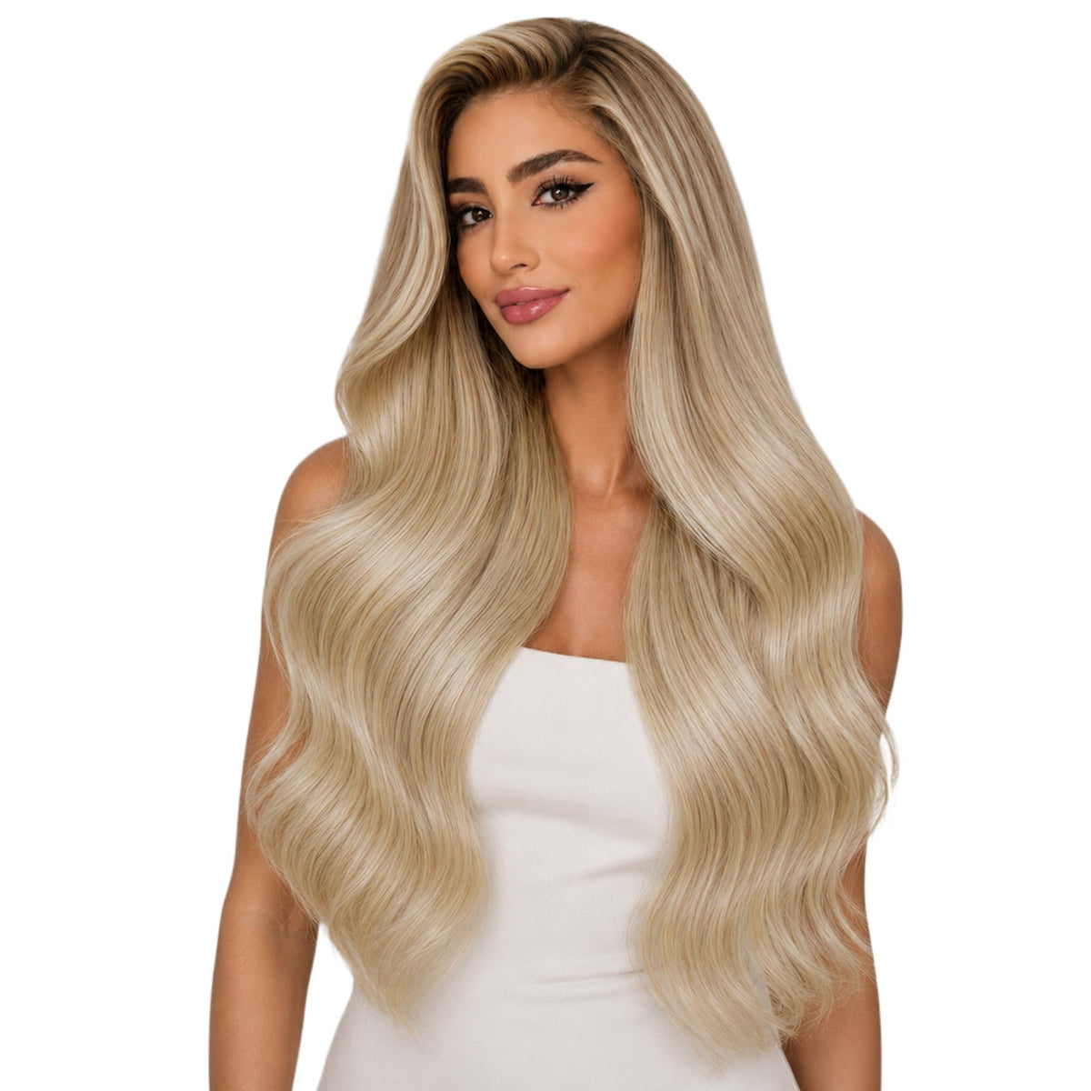 Extensions Full Shine 24 pouces couleur châtain blond vue de face
