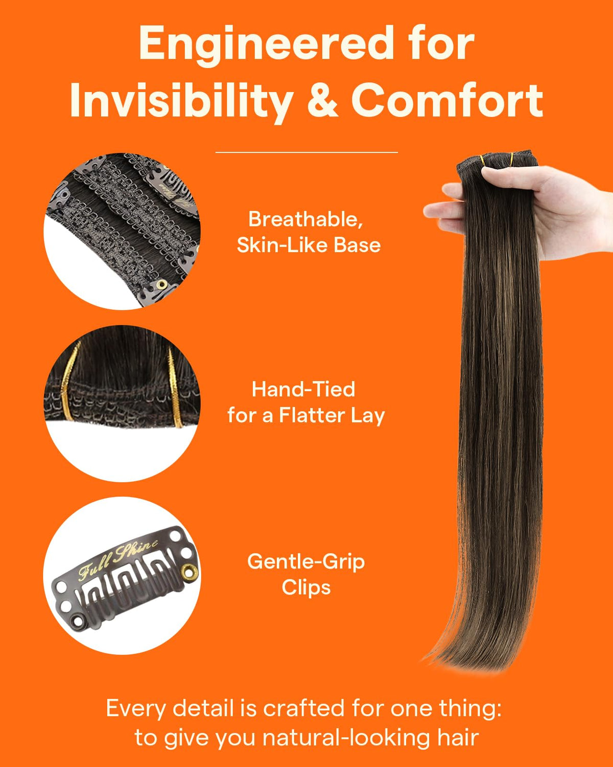 Extensions Full Shine en cheveux humains sur fond blanc