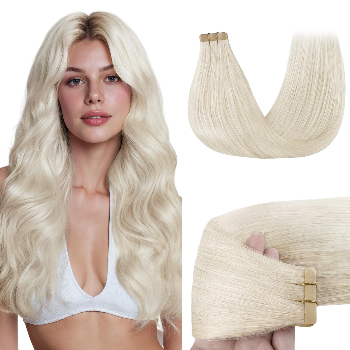 Extensions GOO GOO cheveux humains 20 pouces blond platine vue avant