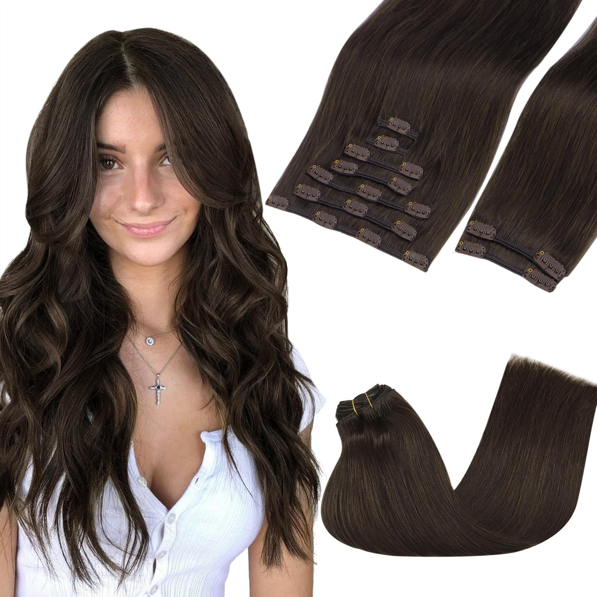 Extensions GOO GOO cheveux humains 24 pouces châtain clair vue avant