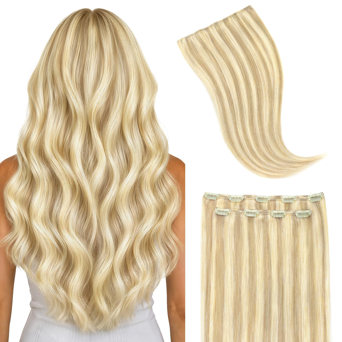 Extensions GOO GOO cheveux humains clip-in 16 pouces couleur #18A/613A vue de face