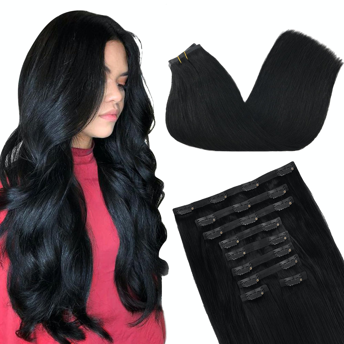 Extensions GOO GOO clip-in 16 pouces couleur Noir Jet vue de face