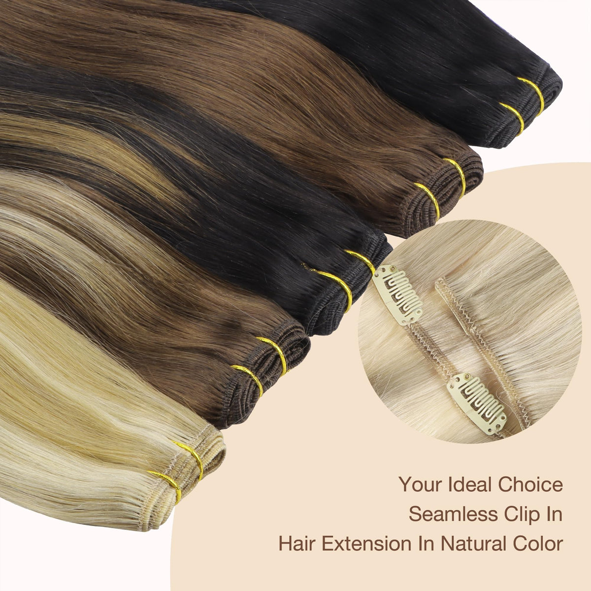 Extensions GOO GOO en cheveux humains sur un fond clair