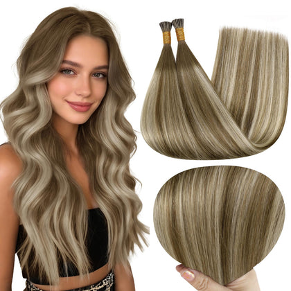 Extensions I Tip Full Shine 16 pouces châtaigne ombre blonde vue de face