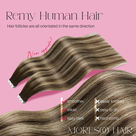 Extensions Moresoo en cheveux Remy avec bande adhésive blanche