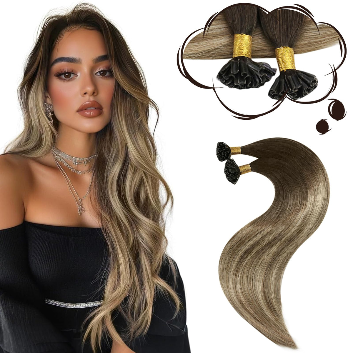 Extensions Moresoo K Tip cheveux humains brun blond balayage, 22 pouces