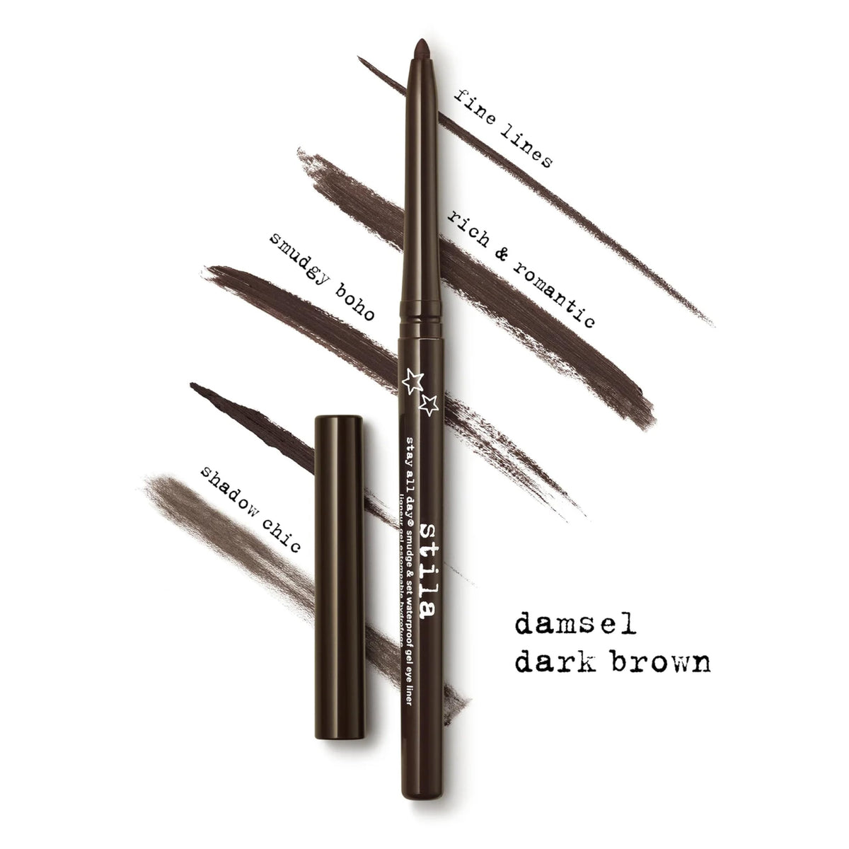 Eyeliner gel stila en teinte Damsel Brun Foncé sur table