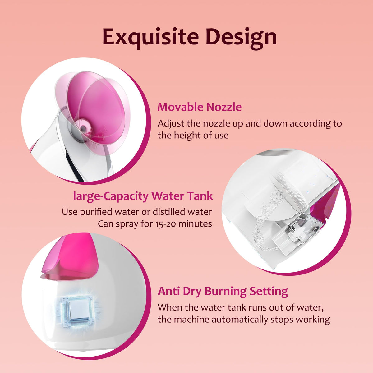 EZBASICS Steamer Facial rose à côté de flacons d'huiles essentielles