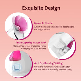EZBASICS Steamer Facial rose à côté de flacons d'huiles essentielles