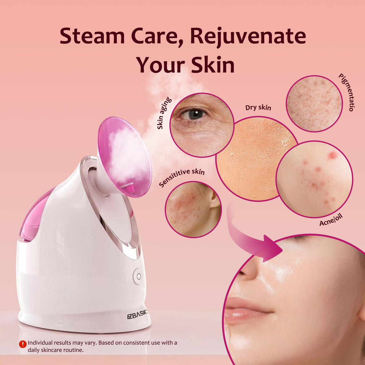 EZBASICS Steamer Facial rose avec kit de soins de 5 pièces