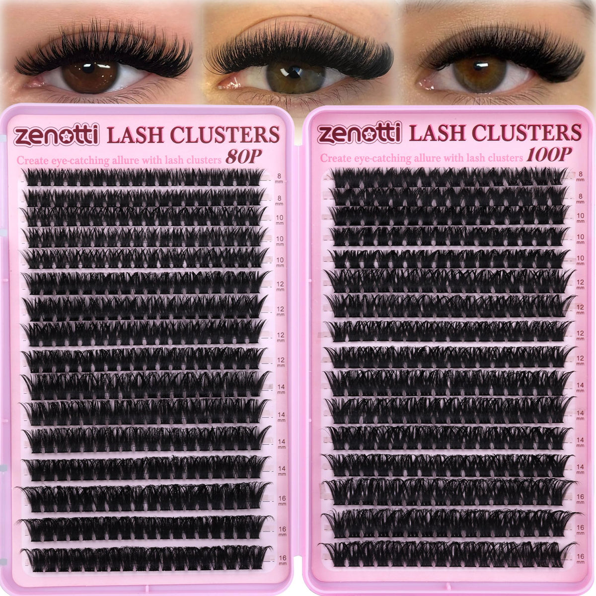 Faux cils zenotti 544PCS vue avant avec clusters 80D et 100D