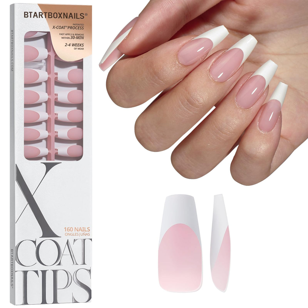 Faux ongles BTARTBOXNAILS French Manucure Long Coffin Blanc vue de face
