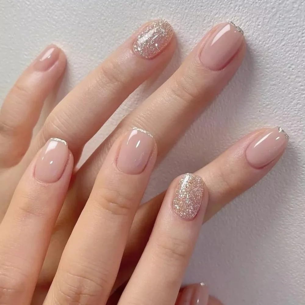 Faux ongles carrés pressés CurvLife argent gilt avec finition en gel