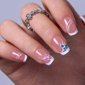 Faux ongles carrés roses CurvLife avec pointe française, vue de face