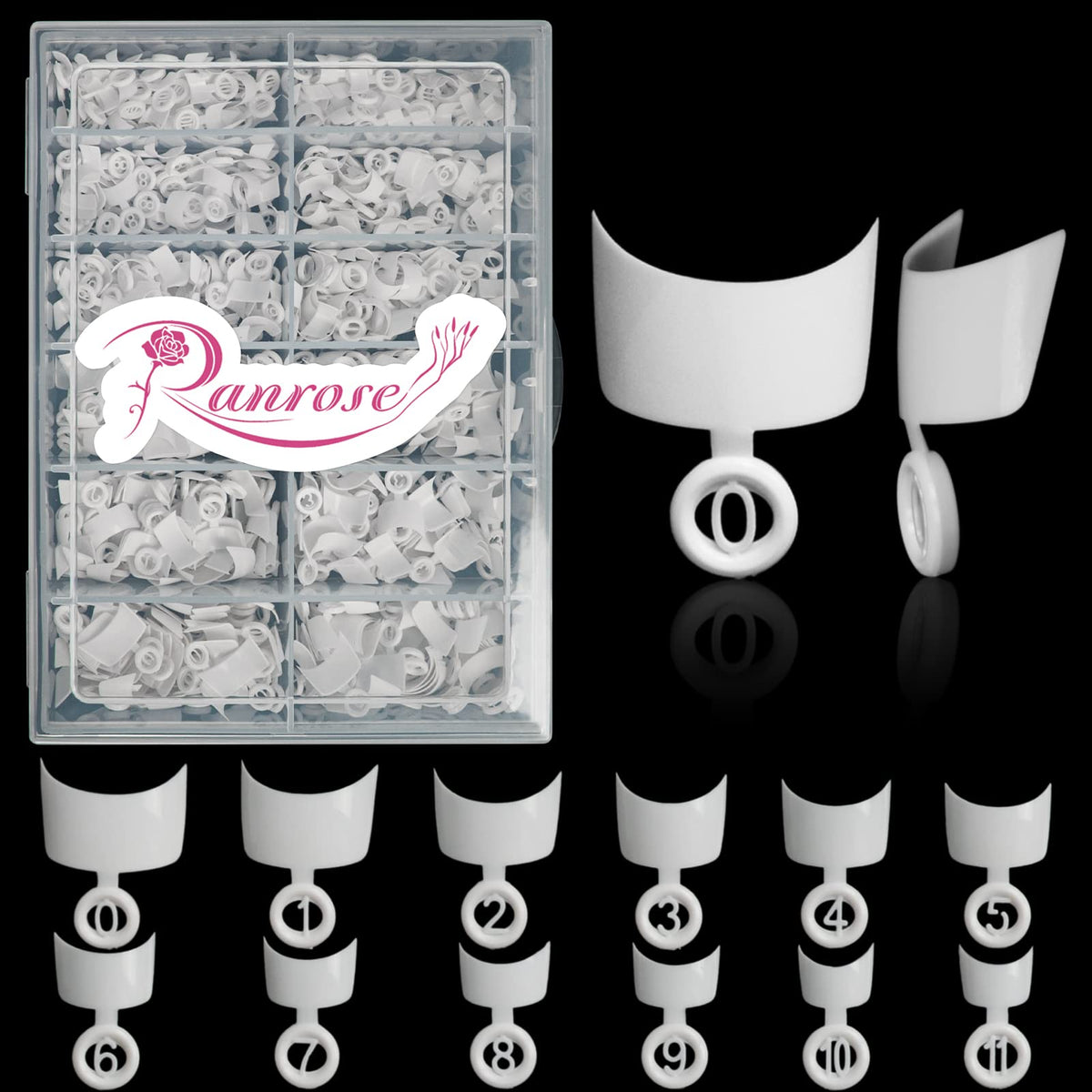 Faux ongles courts ranrose en boîte transparente avec 12 tailles