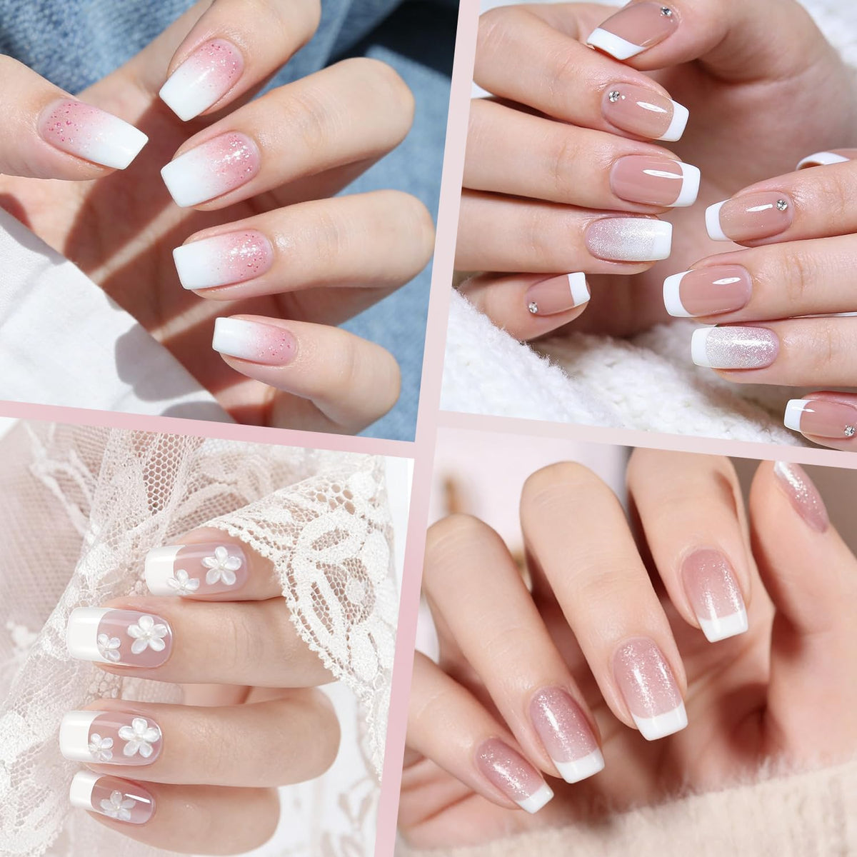 Faux ongles courts ranrose, en style français, présentation esthétique