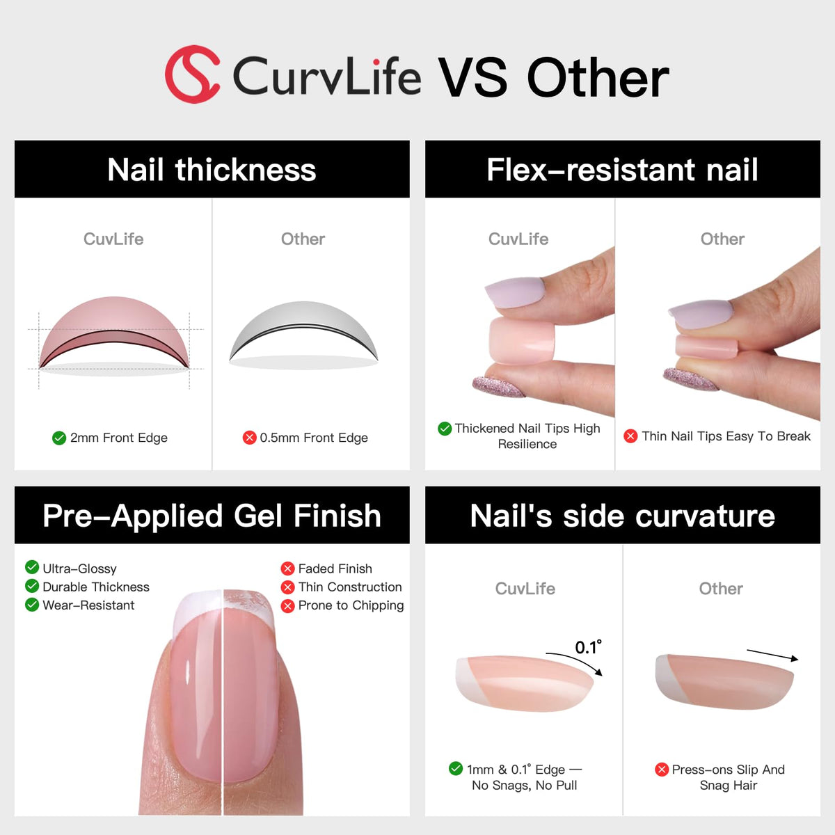 Faux ongles CurvLife avec colle et bandes adhésives pour application