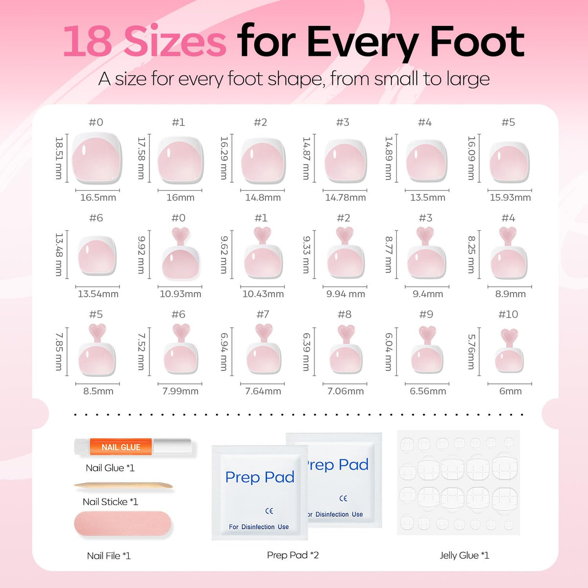 Faux ongles de pieds courts rose, présentation des tailles
